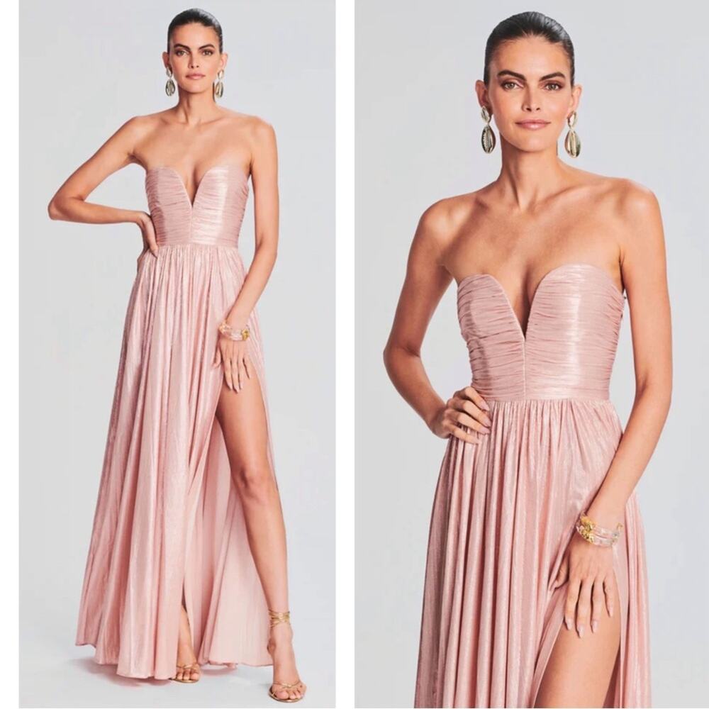 RETROFETE Madeleine Strapless Ruched Pleated Plunging Bustier Maxi Dress Size M